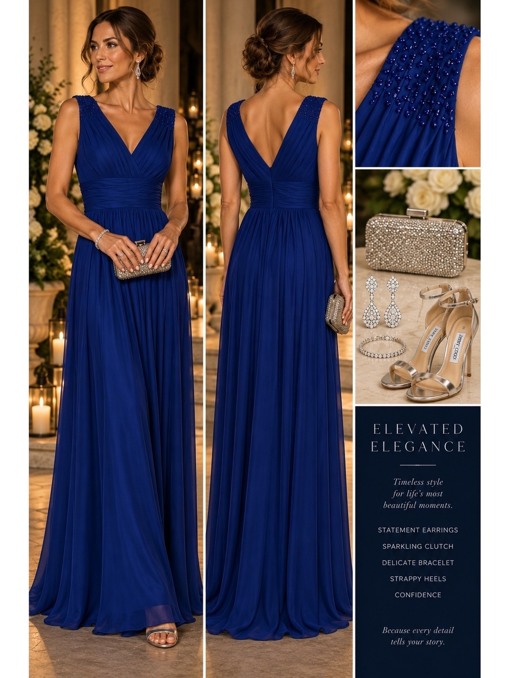 Royal Blue Chiffon Beaded Evening Gown Silk Lined Boned Bodice XS
